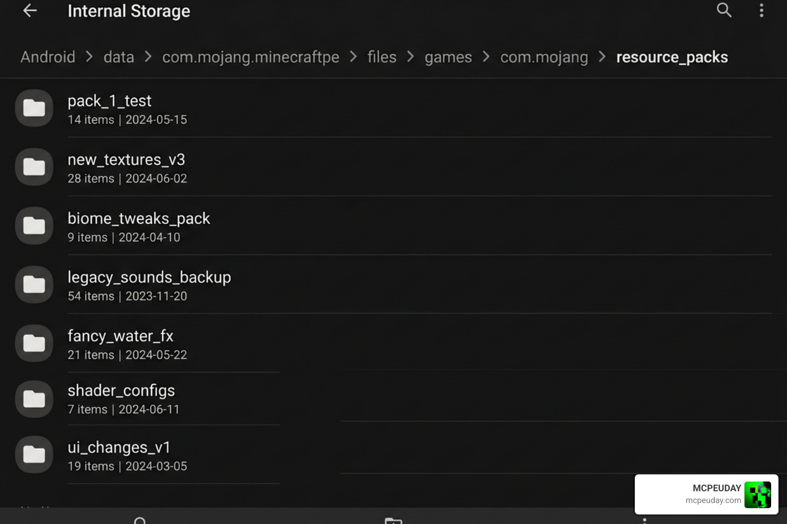Android file manager path showing resource packs folder for Minecraft Android file manager path showing resource packs folder for Minecraft