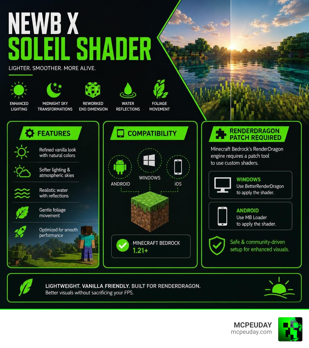 Infographic showing Newb X Soleil Shader features, compatibility, and RenderDragon patch requirements infographic Infographic showing Newb X Soleil Shader features, compatibility, and RenderDragon patch requirements infographic