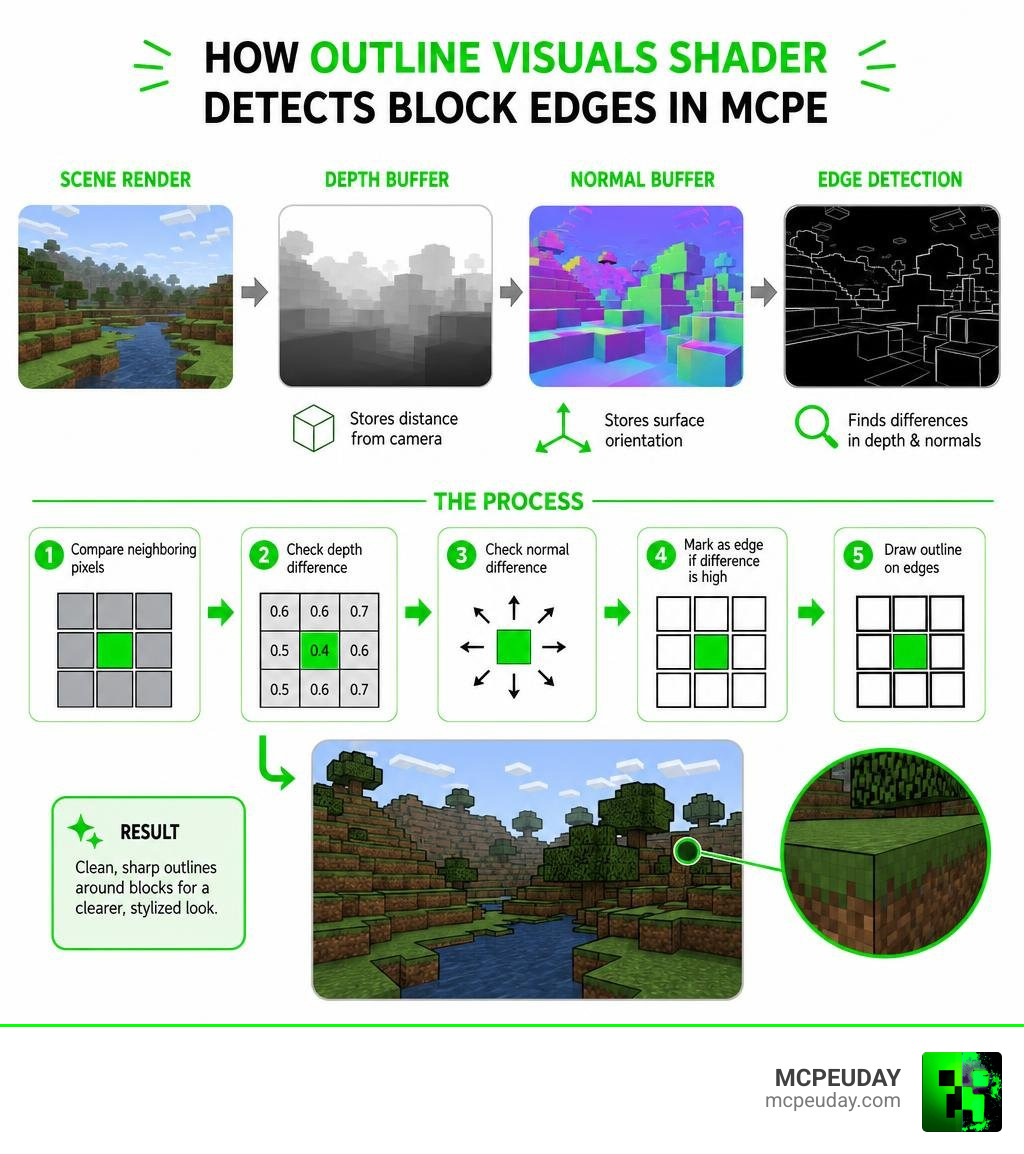 Infographic showing how Outline Visuals Shader detects block edges using depth and normal buffers in MCPE infographic Infographic showing how Outline Visuals Shader detects block edges using depth and normal buffers in MCPE infographic