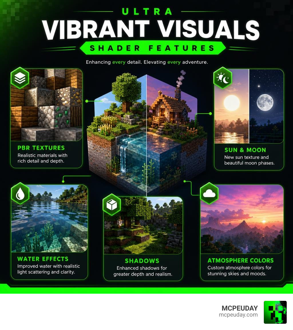 Infographic showing Ultra Vibrant Visuals Shader features: PBR textures, water effects, sun and moon, shadows, and Infographic showing Ultra Vibrant Visuals Shader features: PBR textures, water effects, sun and moon, shadows, and
