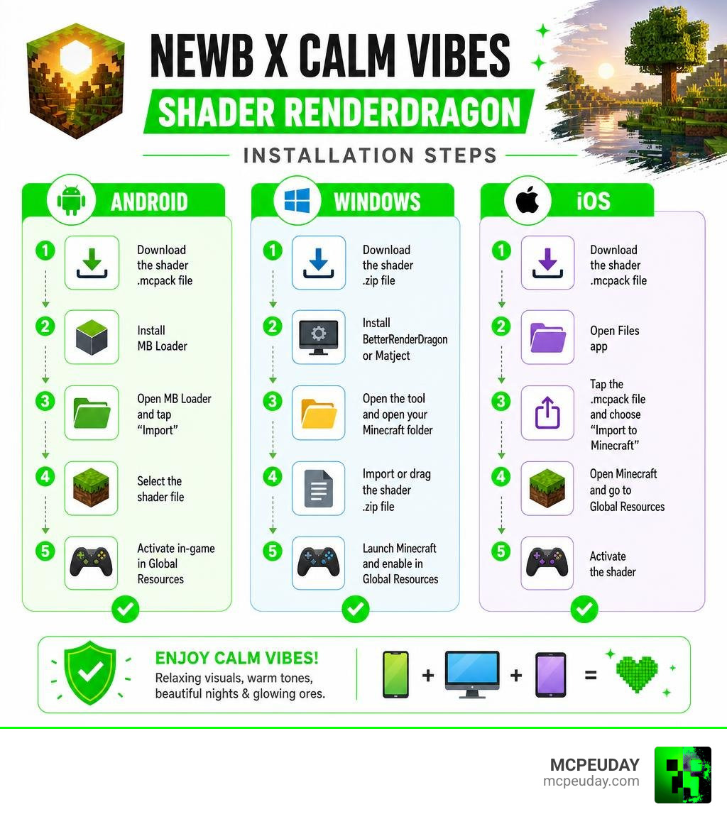 Newb X Calm Vibes Shader RenderDragon installation steps infographic for Android Windows iOS infographic Newb X Calm Vibes Shader RenderDragon installation steps infographic for Android Windows iOS infographic