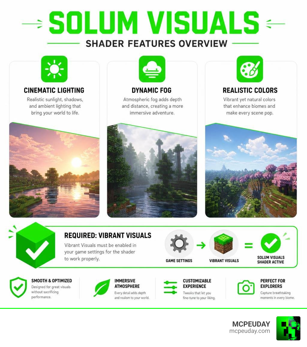 Solum Visuals Shader features overview including lighting fog color and Vibrant Visuals requirement infographic