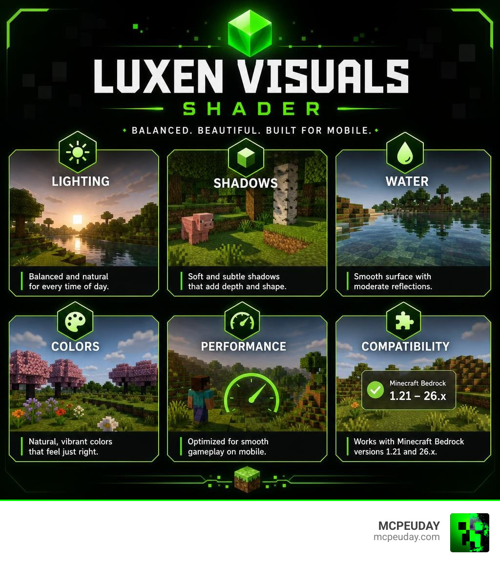 Luxen Visuals Shader features infographic: lighting, shadows, water, colors, performance, compatibility infographic Luxen Visuals Shader features infographic: lighting, shadows, water, colors, performance, compatibility infographic