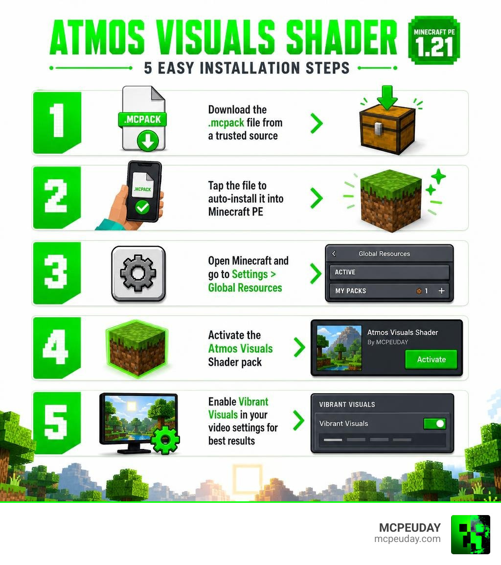 Atmos Visuals Shader installation steps infographic for Minecraft PE 1.21 infographic Atmos Visuals Shader installation steps infographic for Minecraft PE 1.21 infographic