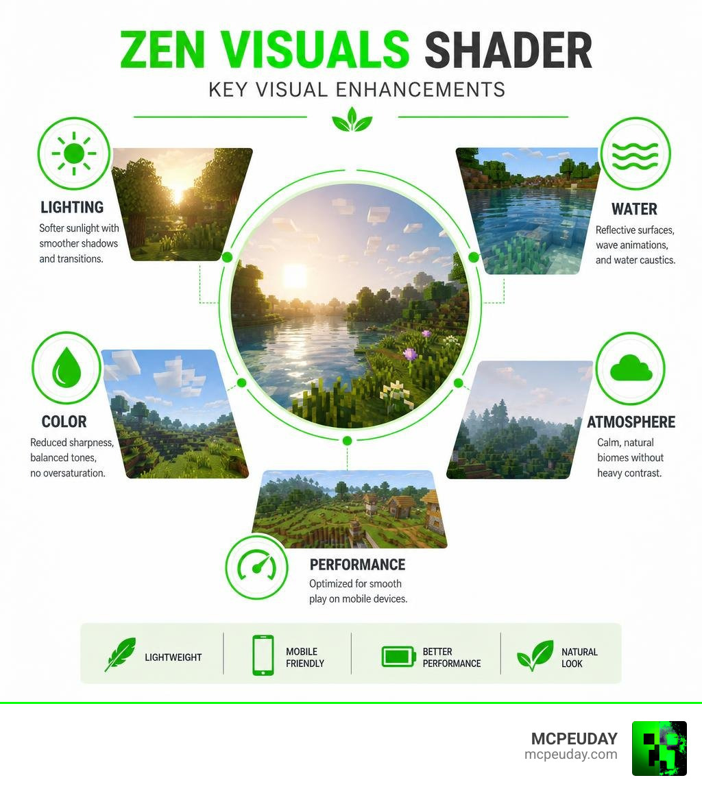 Zen Visuals Shader key visual enhancements infographic: lighting, water, color, atmosphere, performance infographic