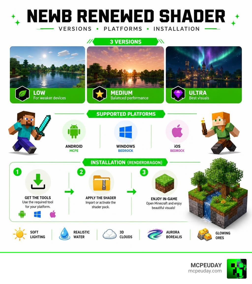 Infographic explaining Newb Renewed Shader versions, platforms, and RenderDragon installation steps infographic