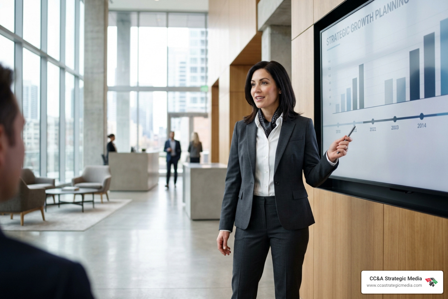 Confident female attorney standing in a modern office lobby presenting leadership and strategy Confident female attorney standing in a modern office lobby presenting leadership and strategy