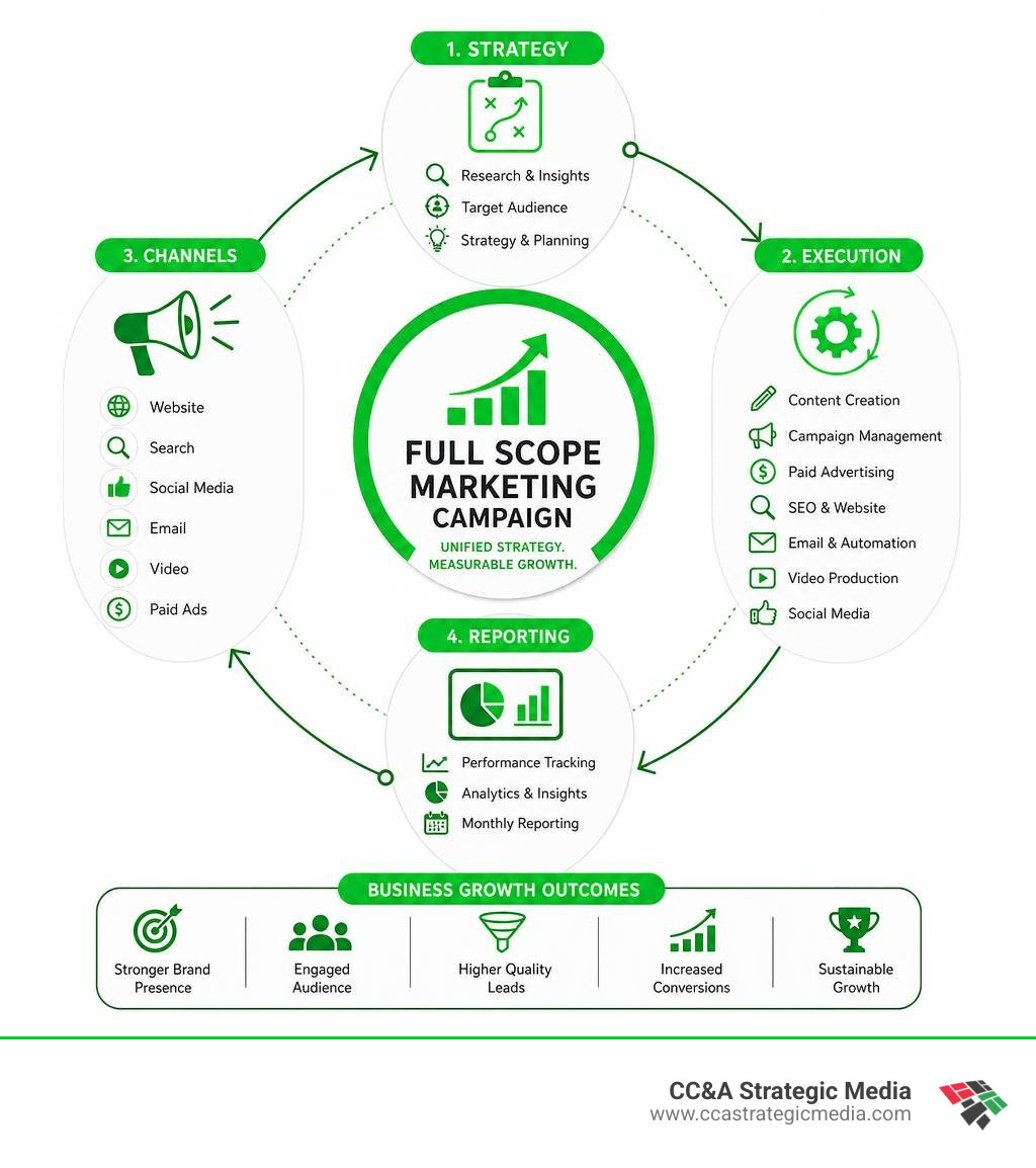 Full scope marketing campaign ecosystem infographic showing channels, strategy, execution, and reporting infographic Full scope marketing campaign ecosystem infographic showing channels, strategy, execution, and reporting infographic