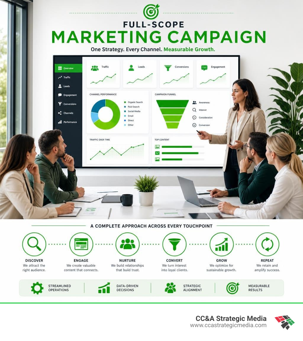 Marketing strategy team reviewing a full-scope campaign dashboard in a modern conference room infographic Marketing strategy team reviewing a full-scope campaign dashboard in a modern conference room infographic