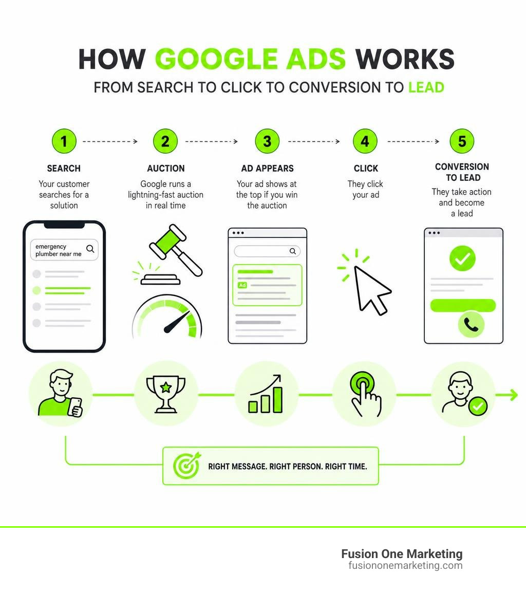How Google Ads works from search to click to conversion to lead infographic How Google Ads works from search to click to conversion to lead infographic