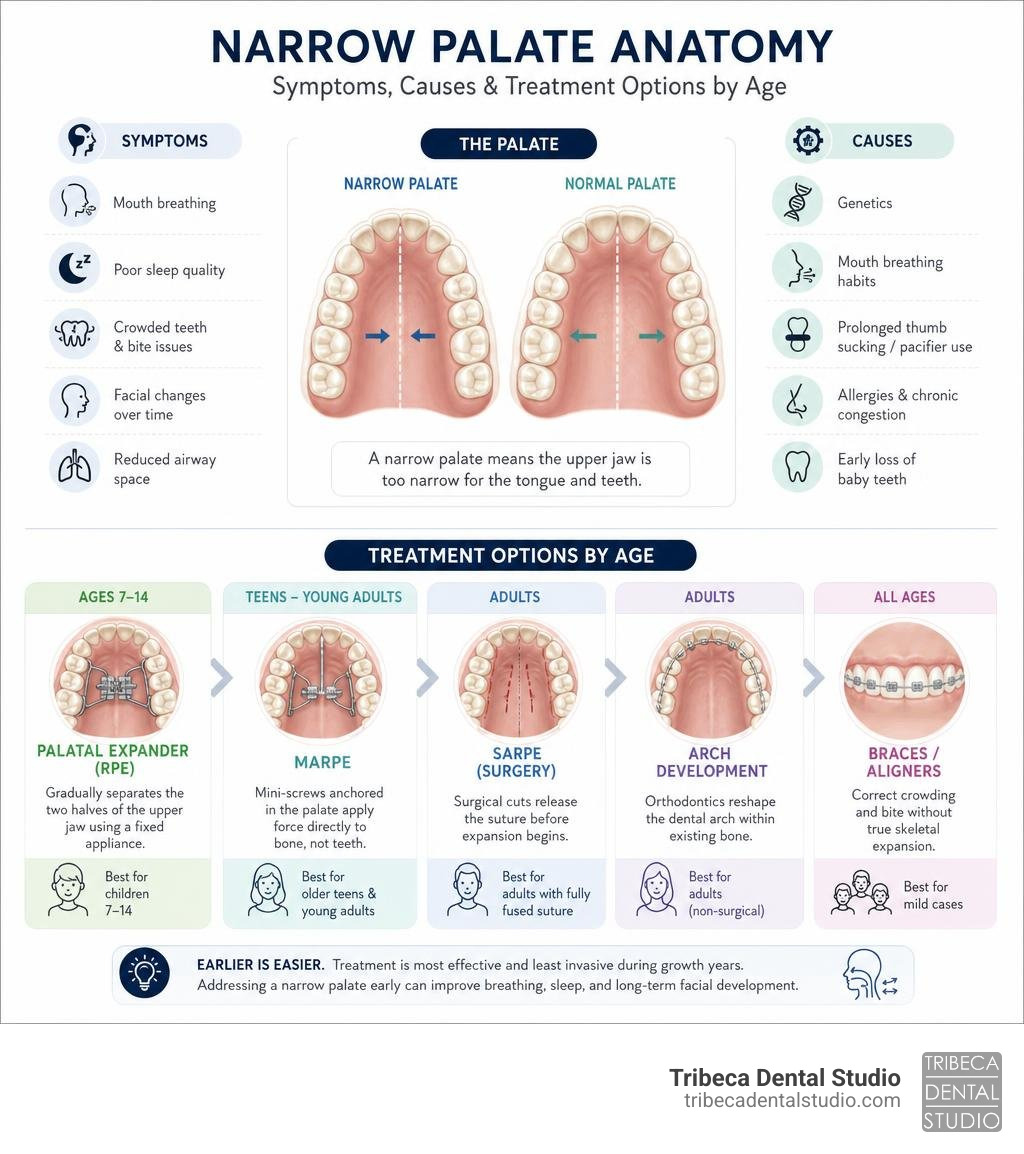 Narrow palate anatomy infographic showing symptoms, causes, and treatment options by age infographic