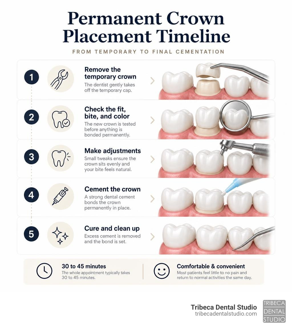 Permanent crown placement timeline infographic: steps from temporary to final cementation infographic