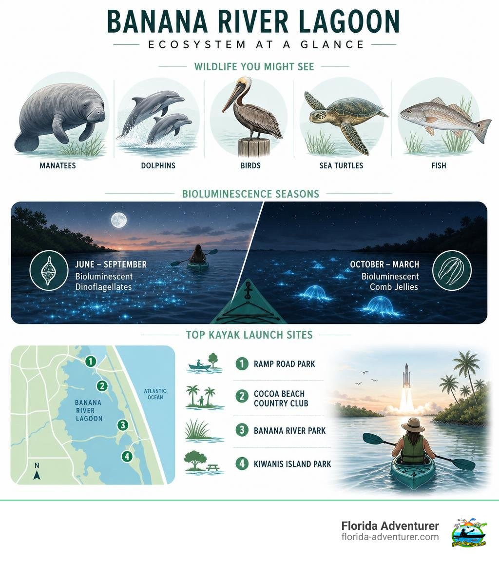Banana River Lagoon ecosystem infographic showing wildlife, bioluminescence seasons, and launch sites infographic Banana River Lagoon ecosystem infographic showing wildlife, bioluminescence seasons, and launch sites infographic