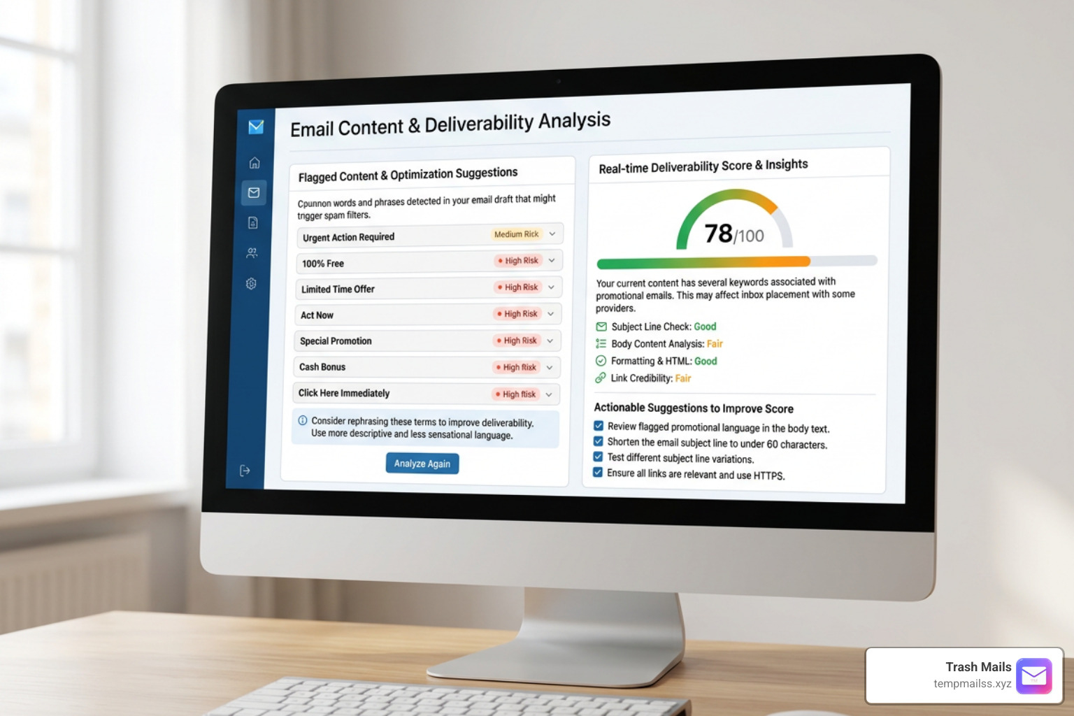 A user interface displaying flagged spam words and real-time deliverability suggestions