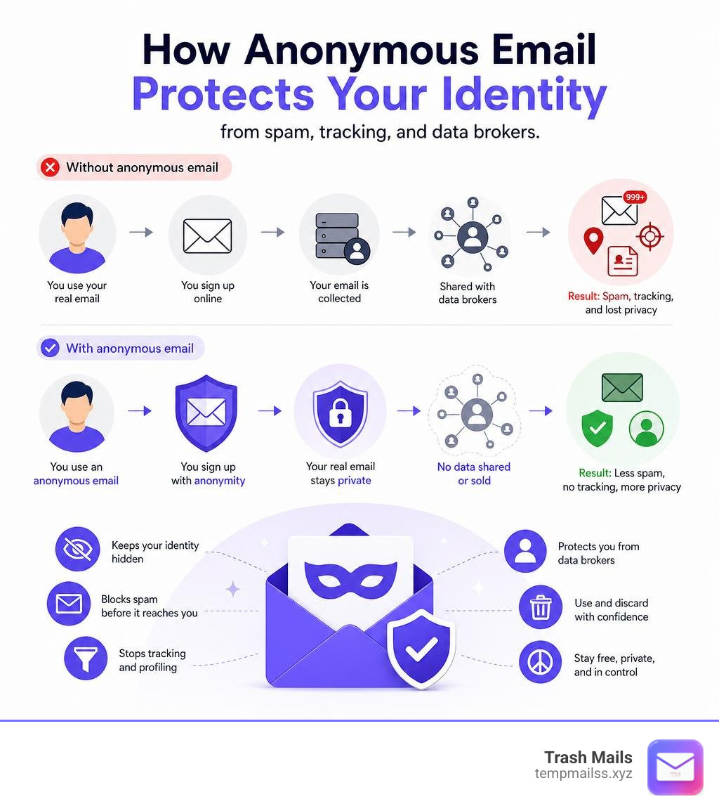 How anonymous email protects your identity from spam, tracking, and data brokers infographic How anonymous email protects your identity from spam, tracking, and data brokers infographic