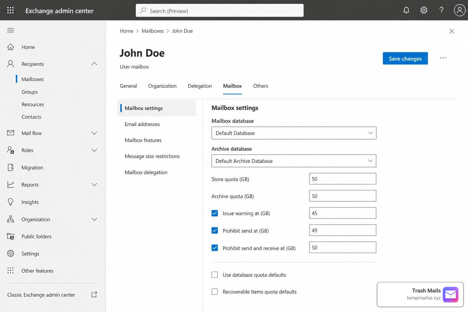 Exchange Admin Center mailbox settings panel Exchange Admin Center mailbox settings panel