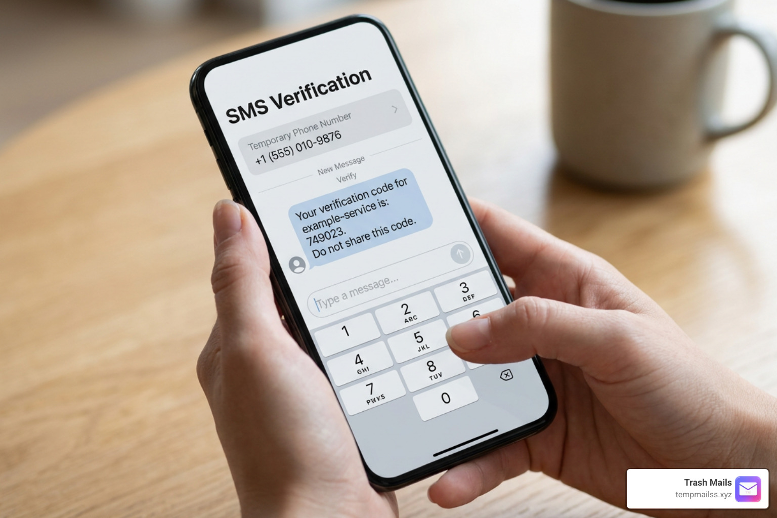 SMS verification screen showing a temporary phone number receiving an OTP SMS verification screen showing a temporary phone number receiving an OTP
