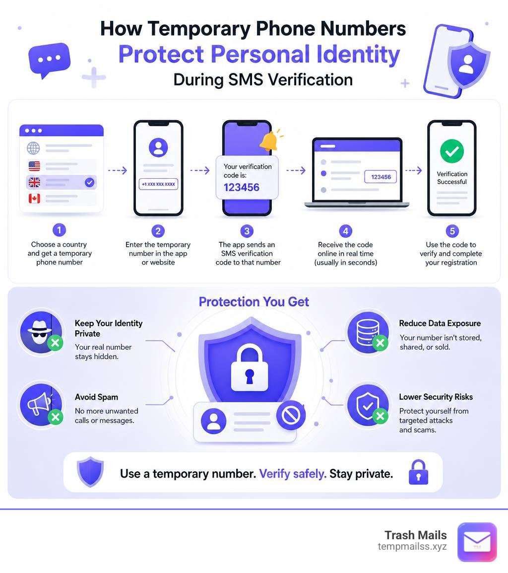 How temporary phone numbers protect personal identity during SMS verification infographic How temporary phone numbers protect personal identity during SMS verification infographic