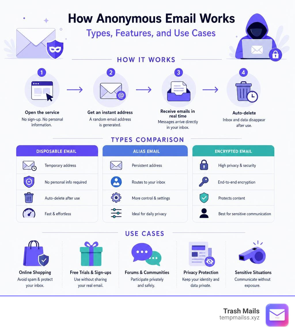 How anonymous email works: types, features, and use cases comparison infographic infographic How anonymous email works: types, features, and use cases comparison infographic infographic