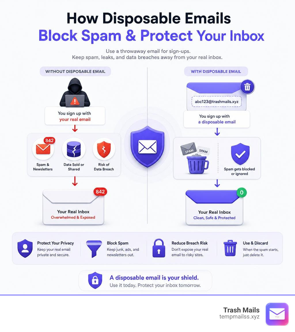 How disposable emails block spam and protect your real inbox from data breaches infographic How disposable emails block spam and protect your real inbox from data breaches infographic