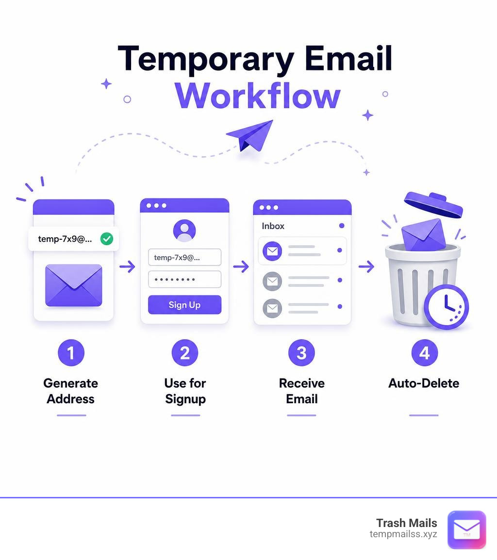 Temporary email workflow: generate address, use for signup, receive email, auto-delete infographic Temporary email workflow: generate address, use for signup, receive email, auto-delete infographic