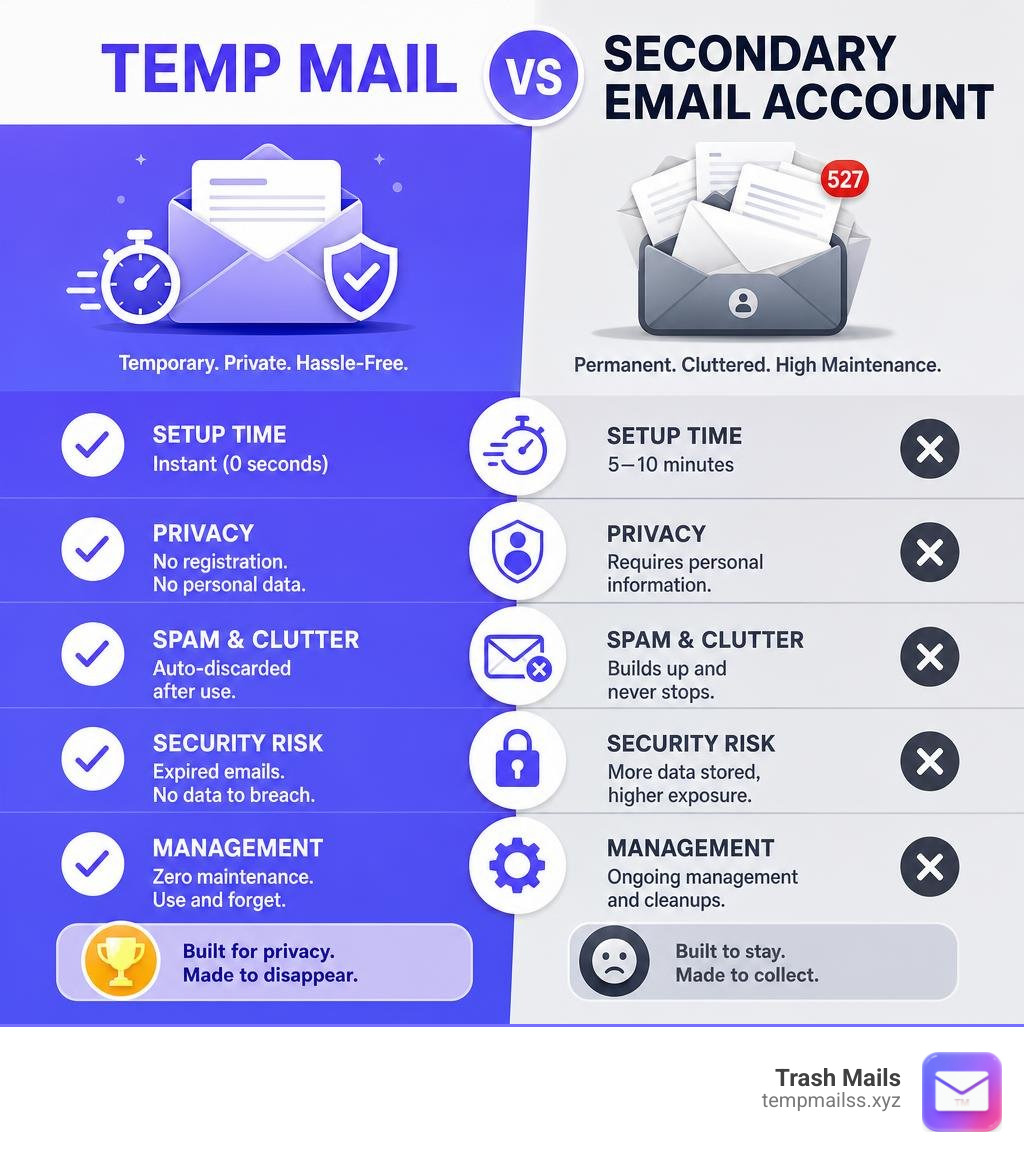 Comparison of temp mail versus secondary email accounts infographic Comparison of temp mail versus secondary email accounts infographic