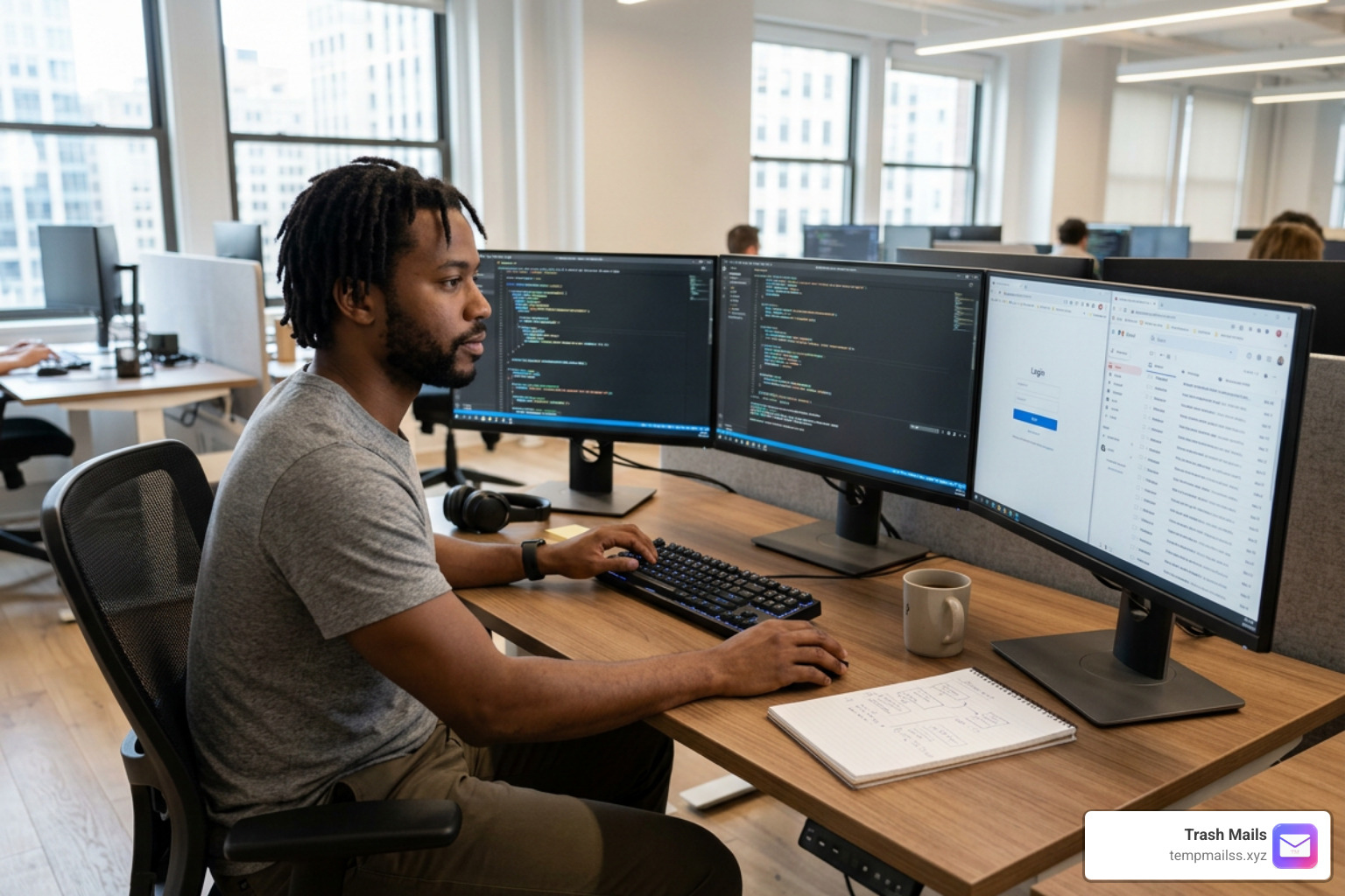 A software engineer sitting at a desk testing web applications and verifying automated email flows A software engineer sitting at a desk testing web applications and verifying automated email flows