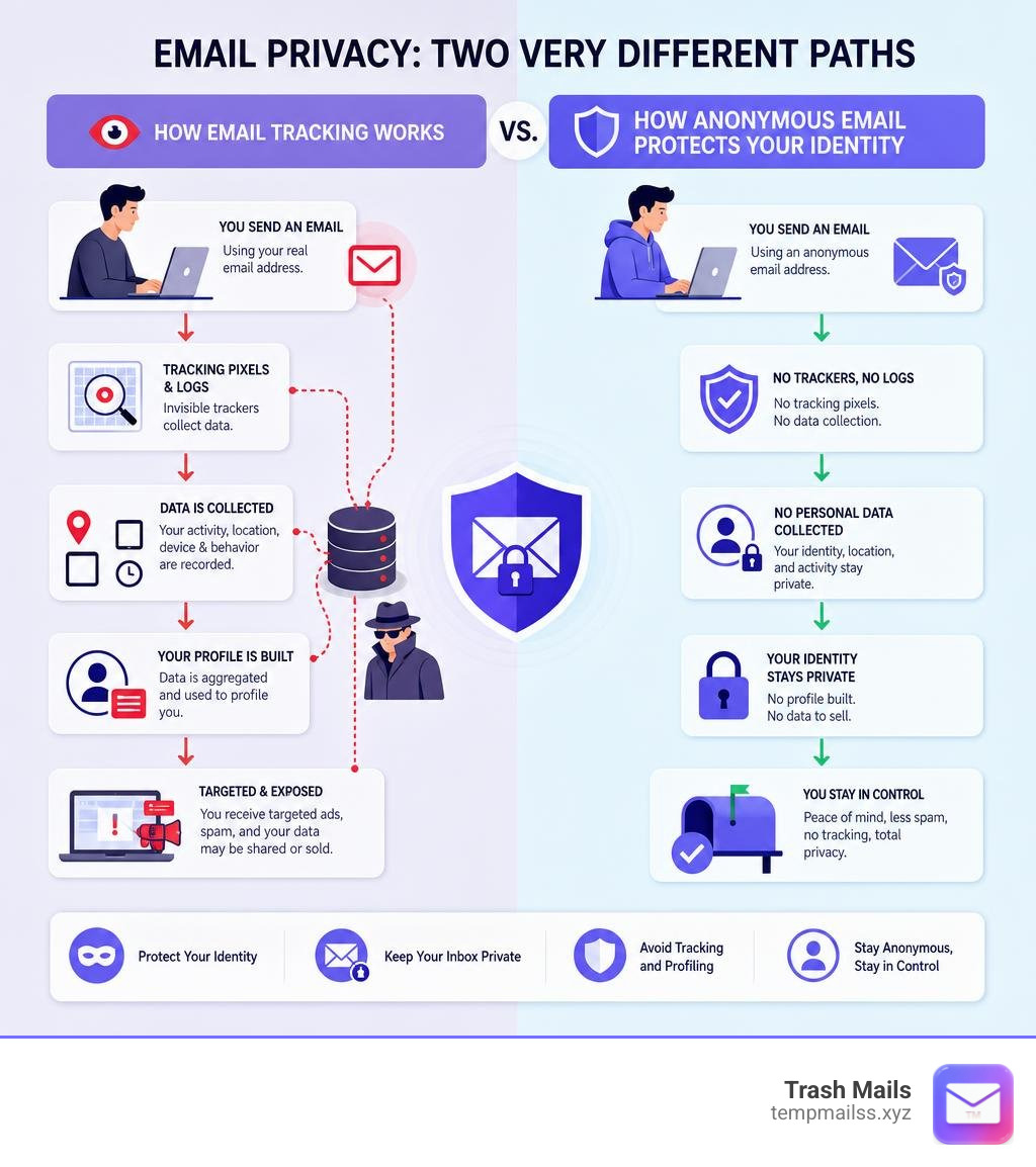 Comparison infographic: how email tracking works vs how anonymous email protects your identity infographic Comparison infographic: how email tracking works vs how anonymous email protects your identity infographic