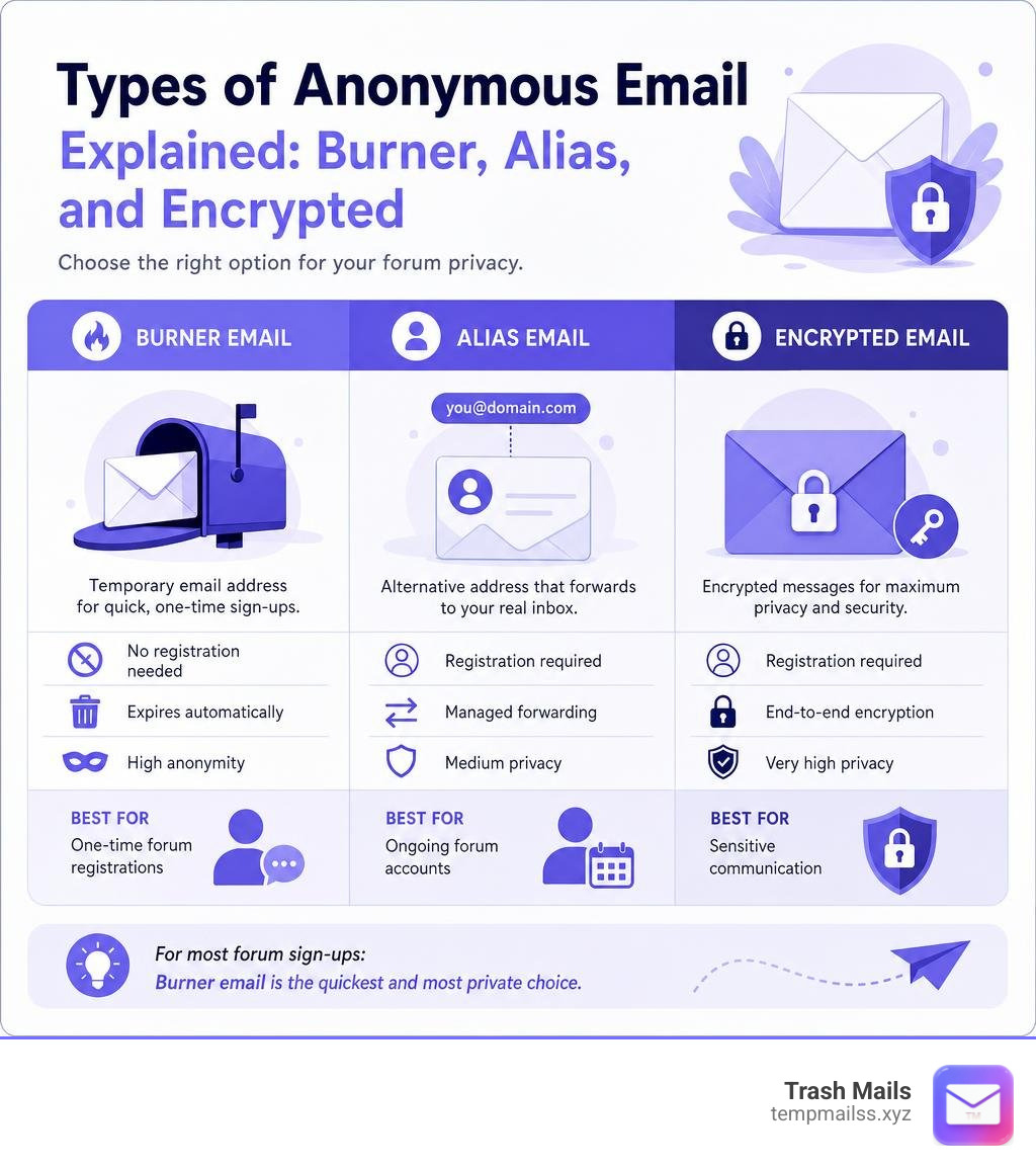 Types of anonymous email explained: burner, alias, and encrypted email comparison infographic Types of anonymous email explained: burner, alias, and encrypted email comparison infographic