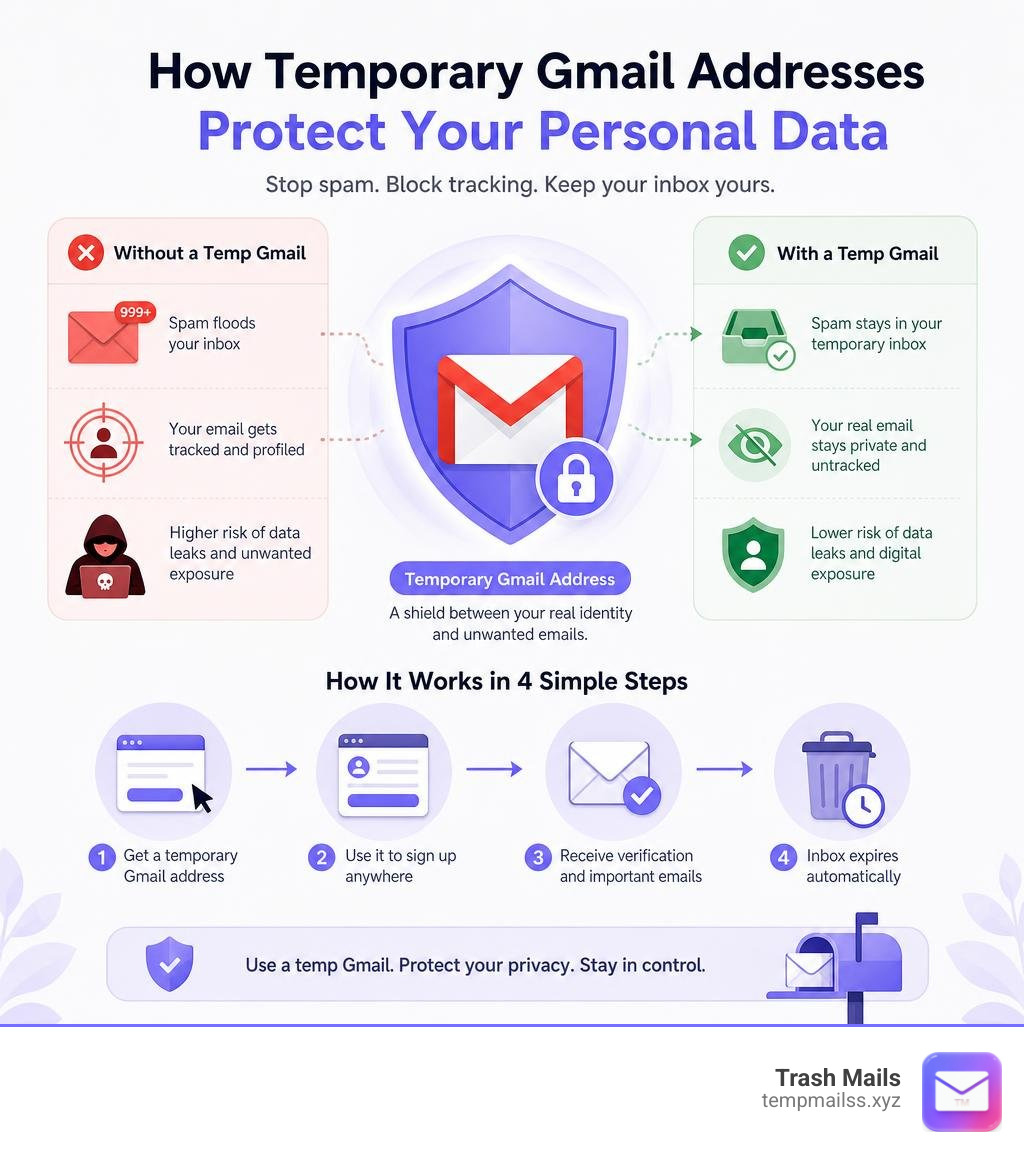 How temporary Gmail addresses protect personal data from spam and tracking infographic How temporary Gmail addresses protect personal data from spam and tracking infographic