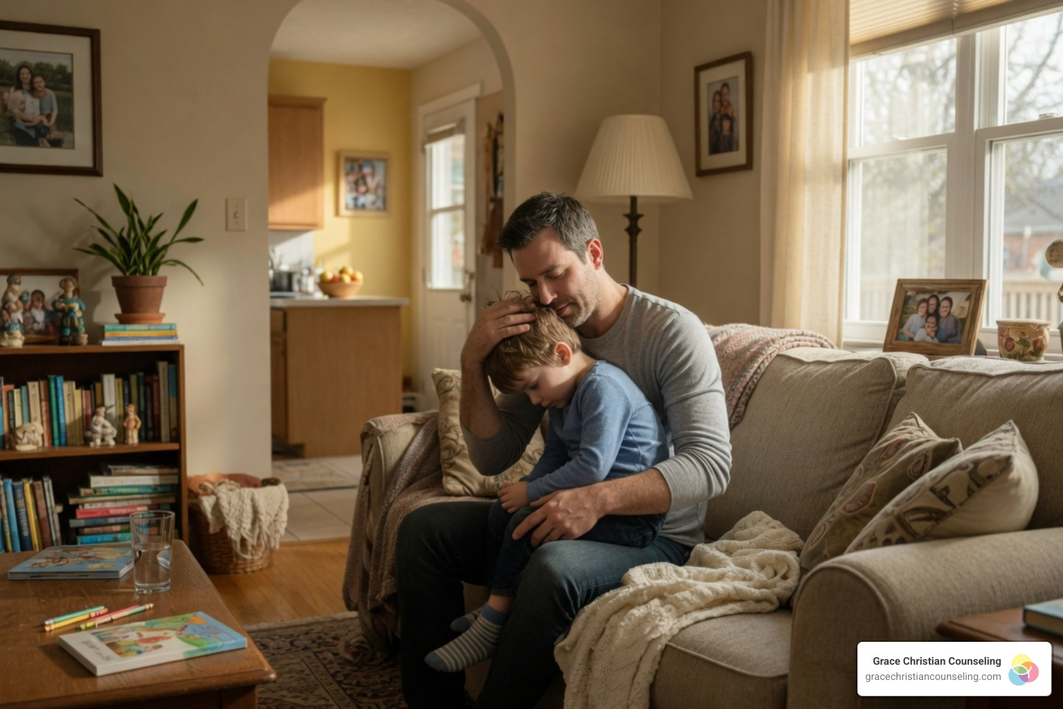 A Christian family praying together in a warm living room, modeling covenant love