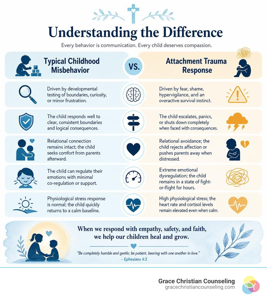Infographic comparing typical childhood misbehavior with attachment trauma responses in Christian parenting infographic