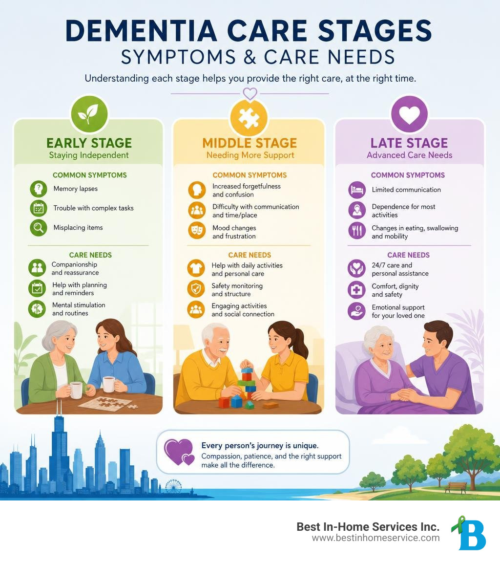 Dementia care stages infographic: Early, Middle, and Late stage symptoms and care needs infographic