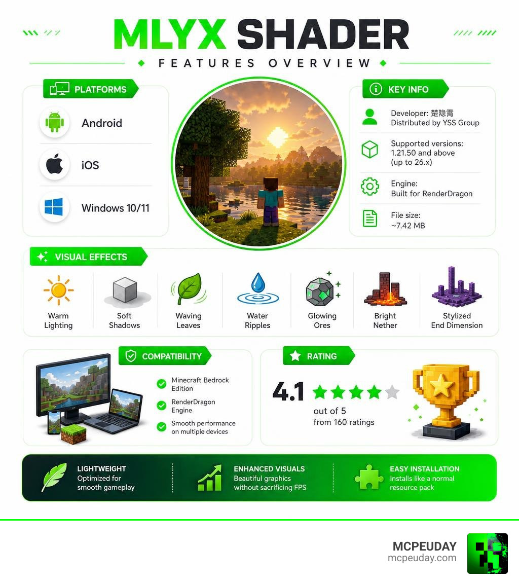 MLYX Shader features overview: platforms, effects, compatibility, and ratings infographic infographic
