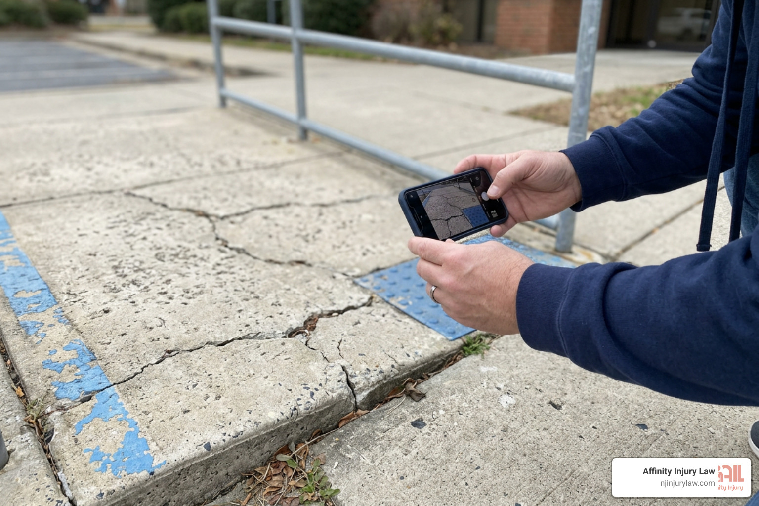 A person using a smartphone to take a close-up photo of a cracked, uneven handicap ramp A person using a smartphone to take a close-up photo of a cracked, uneven handicap ramp