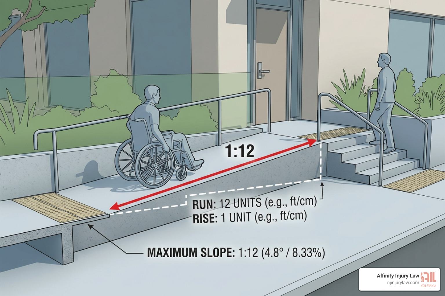 ADA-compliant ramp slope diagram showing maximum slope ratio of 1:12 ADA-compliant ramp slope diagram showing maximum slope ratio of 1:12