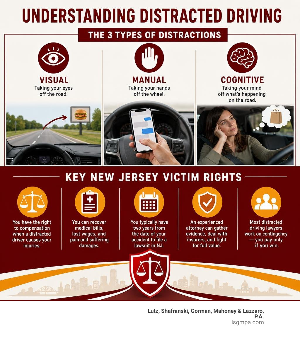 Infographic showing three types of driving distractions: visual, manual, and cognitive with key New Jersey victim rights
