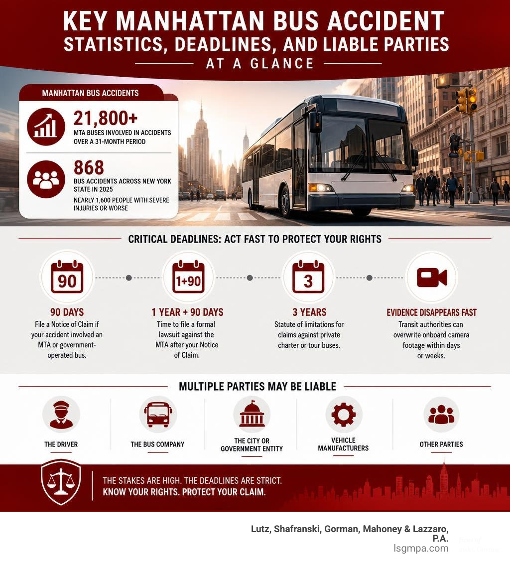 Key Manhattan bus accident statistics, deadlines, and liable parties at a glance infographic