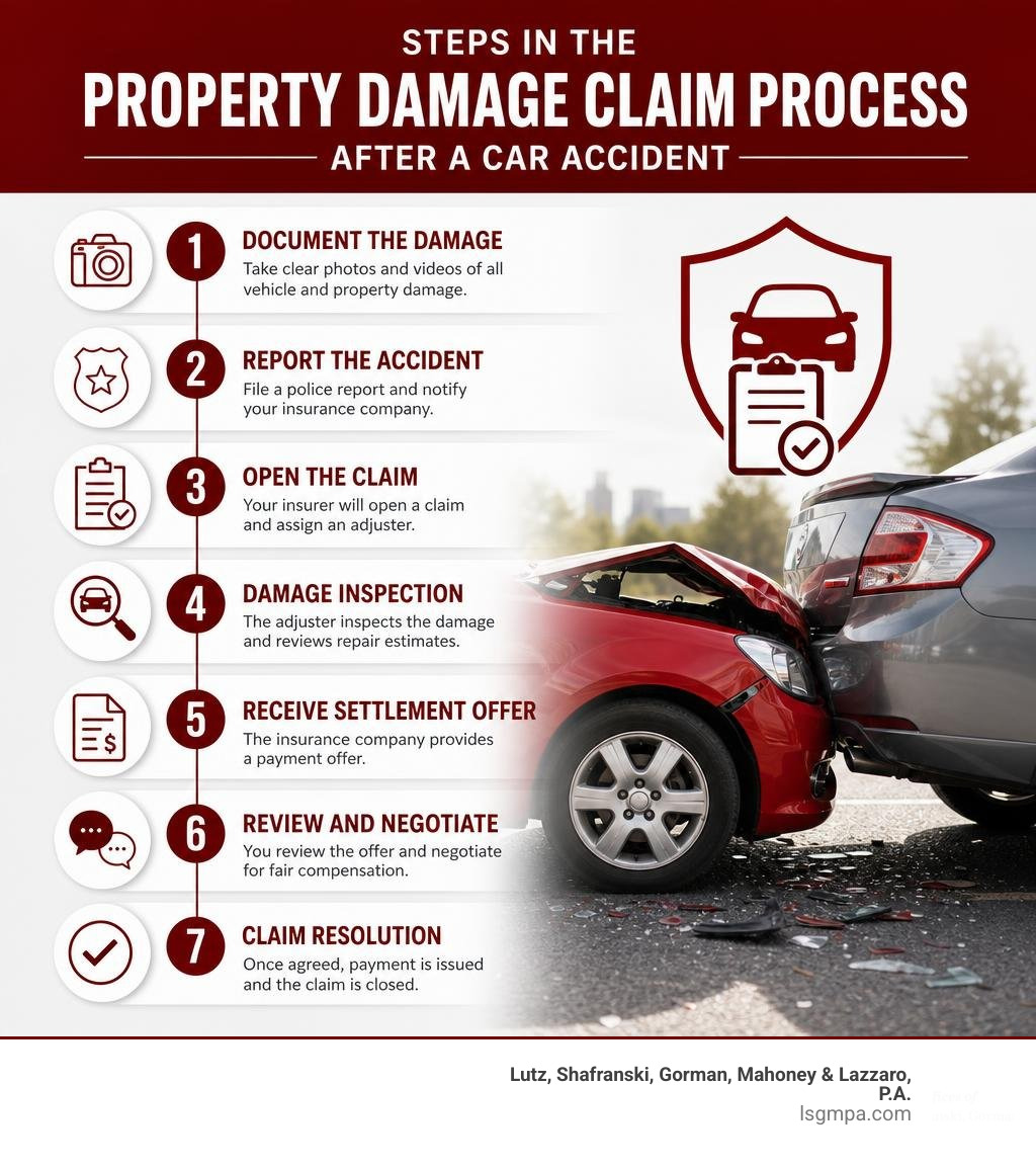 Steps in the property damage claim process after a car accident infographic