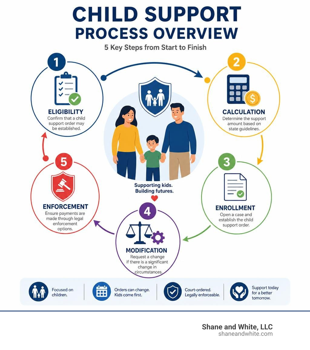 Child support process overview: eligibility, calculation, enrollment, modification, and enforcement steps infographic