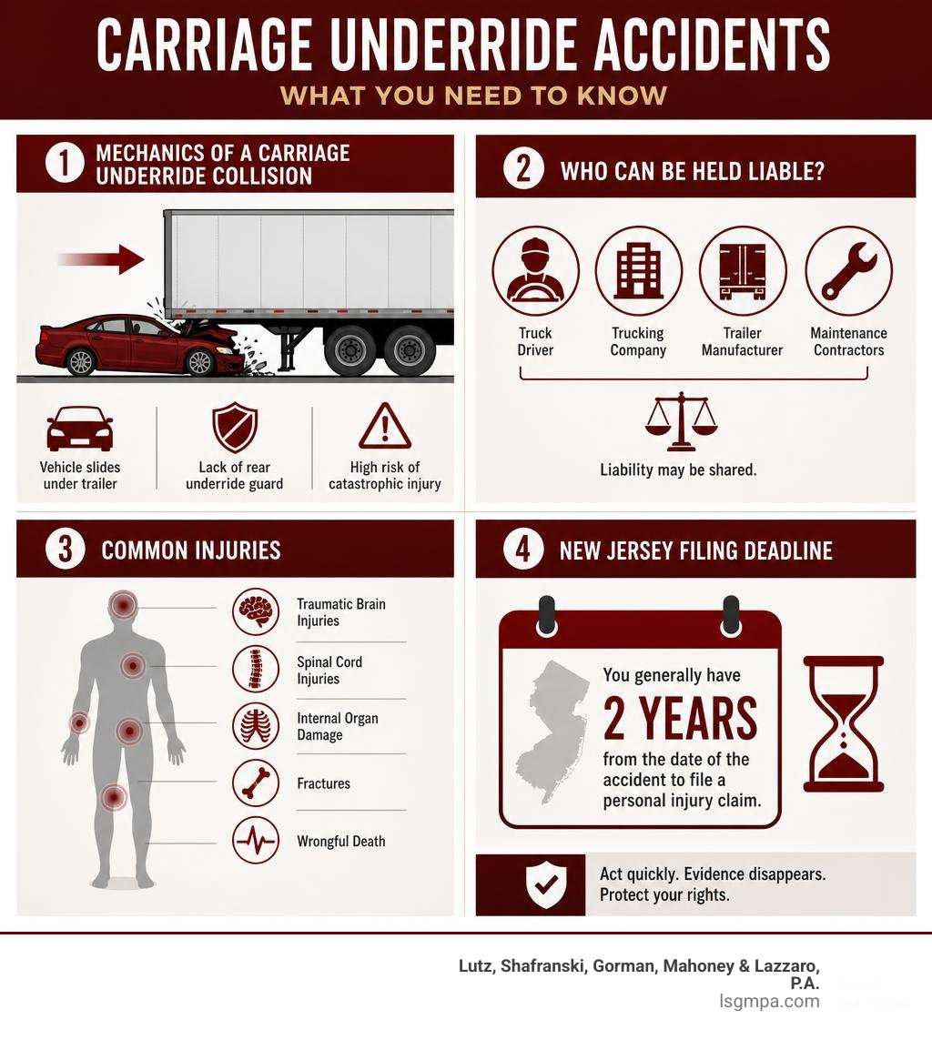 Infographic showing mechanics of carriage underride collision, liable parties, injury types, and NJ filing deadline