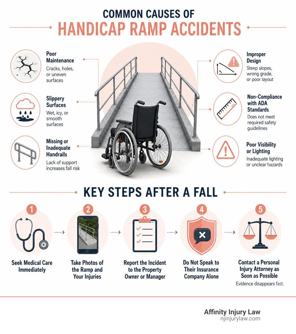 Infographic showing common causes of handicap ramp accidents and key steps after a fall infographic Infographic showing common causes of handicap ramp accidents and key steps after a fall infographic