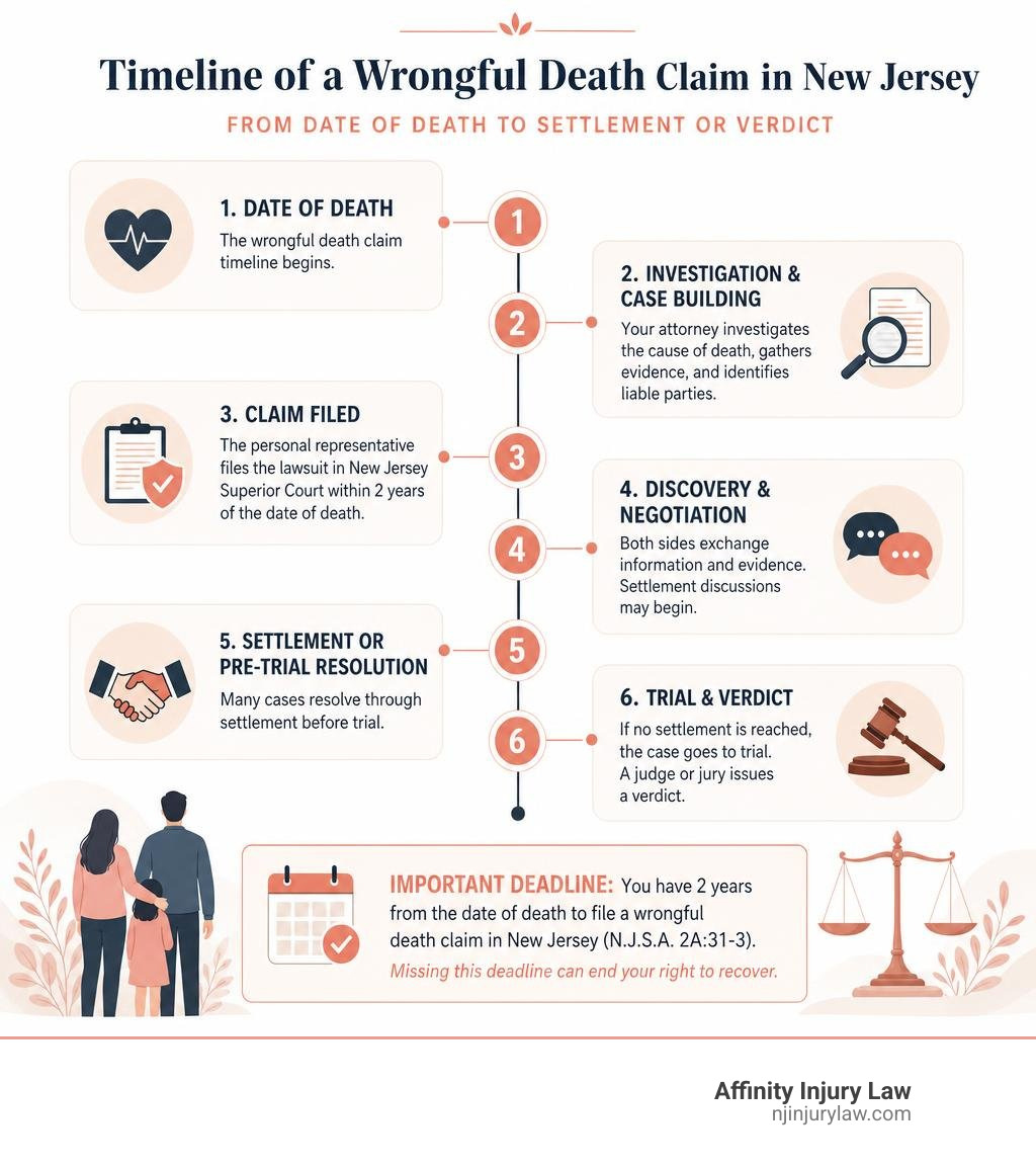 Timeline of a wrongful death claim in New Jersey from date of death to settlement or verdict infographic Timeline of a wrongful death claim in New Jersey from date of death to settlement or verdict infographic