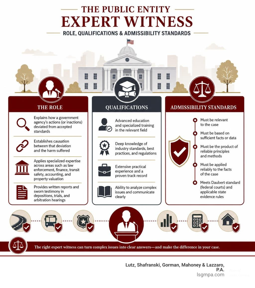 Infographic showing the role, qualifications, and admissibility standards of a public entity expert witness infographic