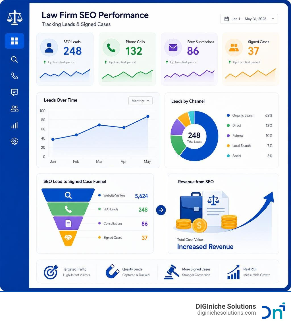 Digital dashboard tracking law firm SEO leads and signed cases infographic