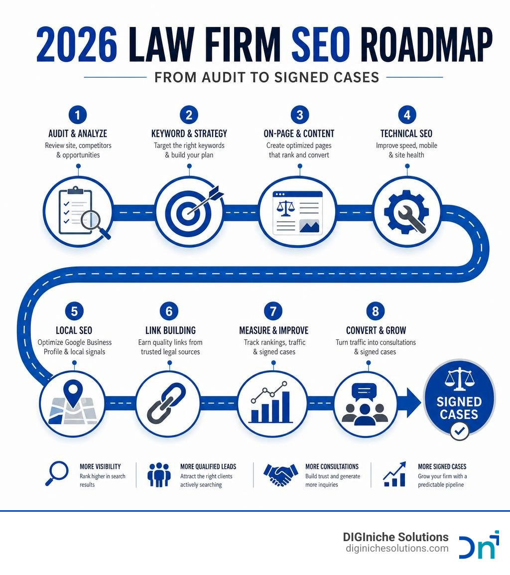 2026 law firm SEO roadmap infographic showing key steps from audit to signed cases infographic