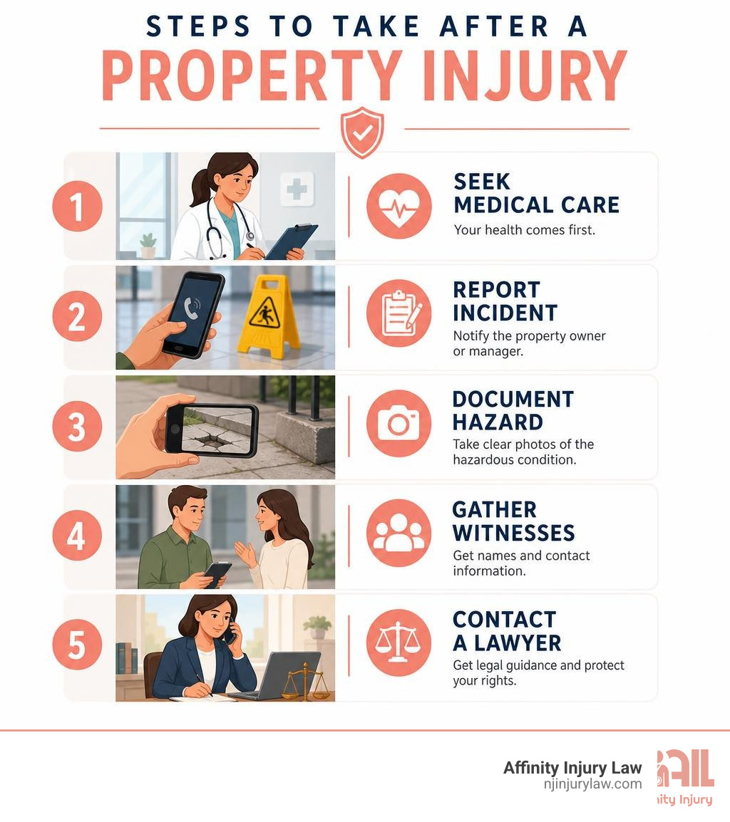 Steps to take after a property injury: seek medical care, report incident, document hazard, gather witnesses, contact a