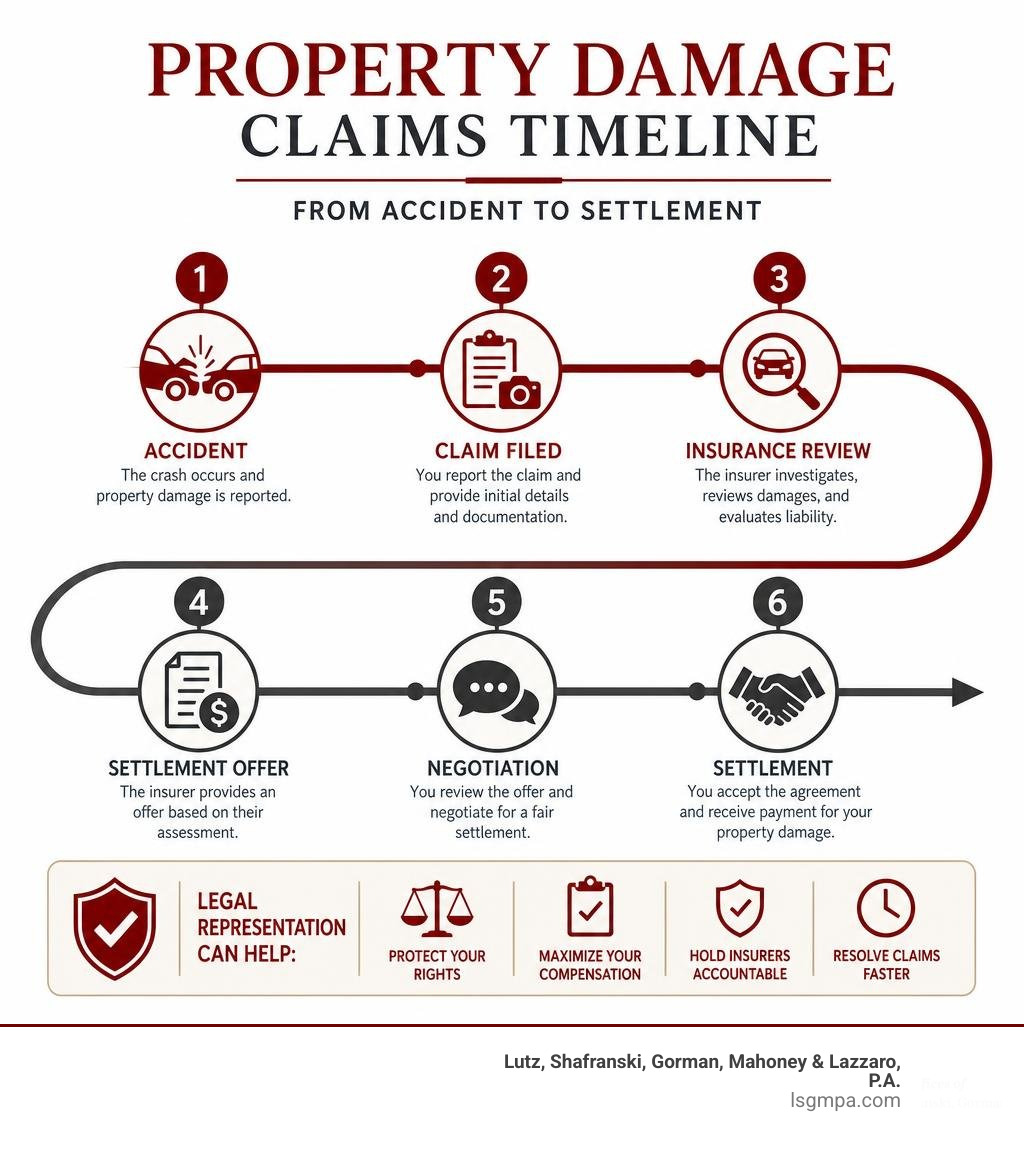 Property damage claims timeline from accident to settlement infographic
