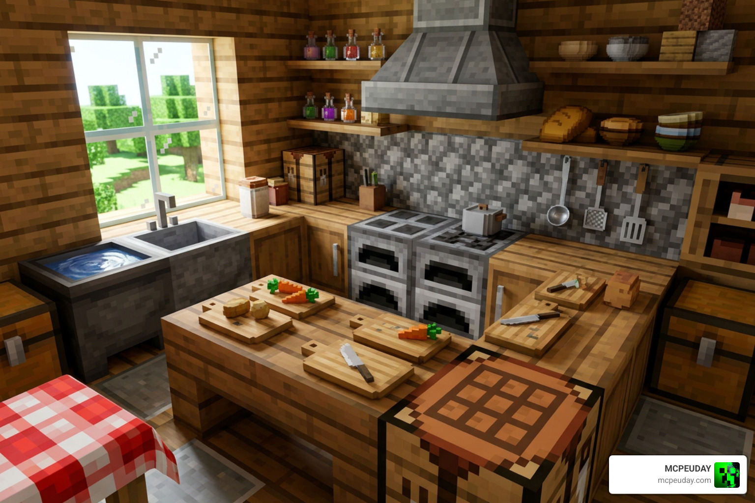 Fully decorated kitchen with stoves and cutting boards in Minecraft