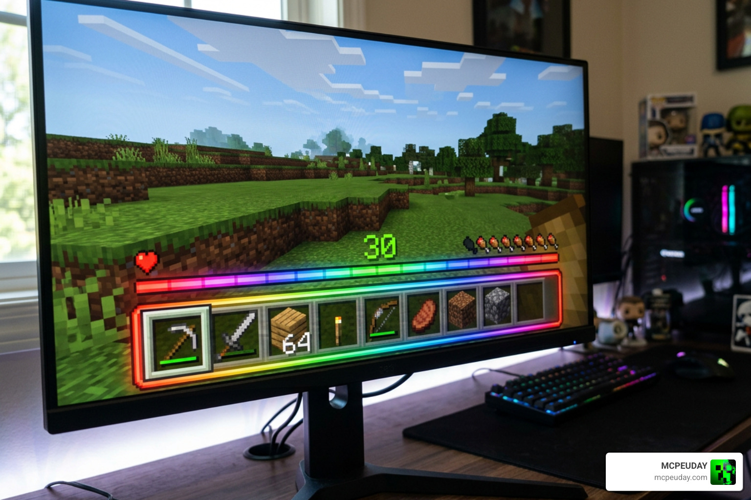 Animated hotbar and XP bar in Minecraft with RGB effects
